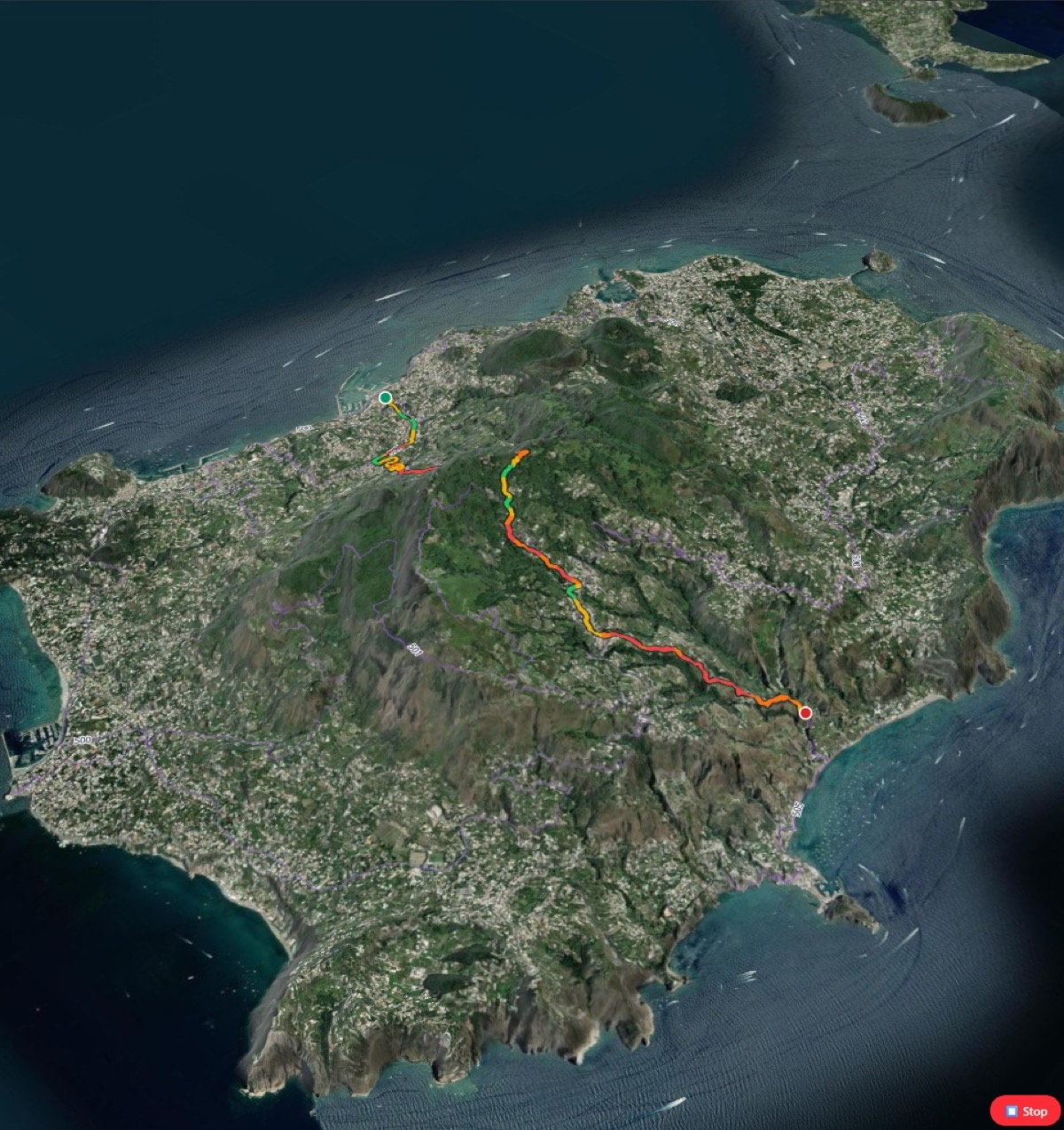 TrailSplits 3D satellite view of a mountain trail route with dramatic Alpine topography