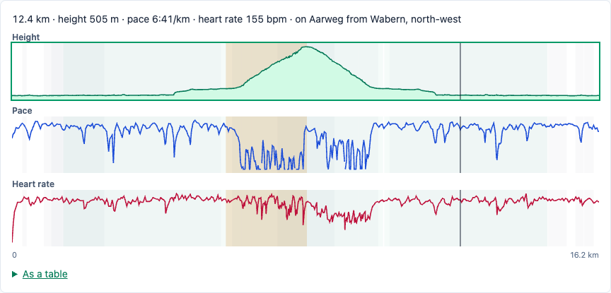 A run's height, pace and heart rate charts on one shared cursor, with the climb shaded.